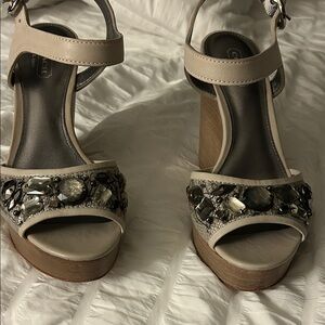 Coach Beige and Gray Wedge Sandals with Gem Accents.